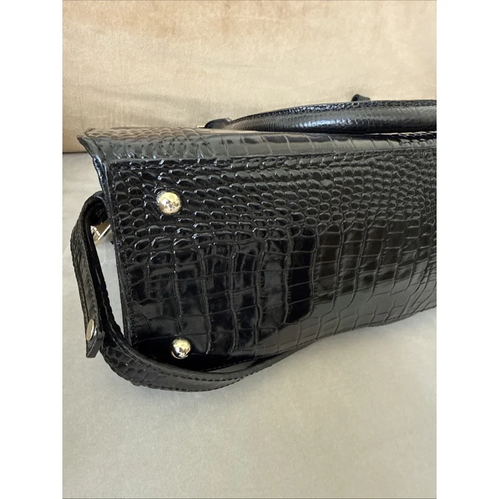 Brahmin Greta Large Creme Black Croc Embossed Leather Satchel